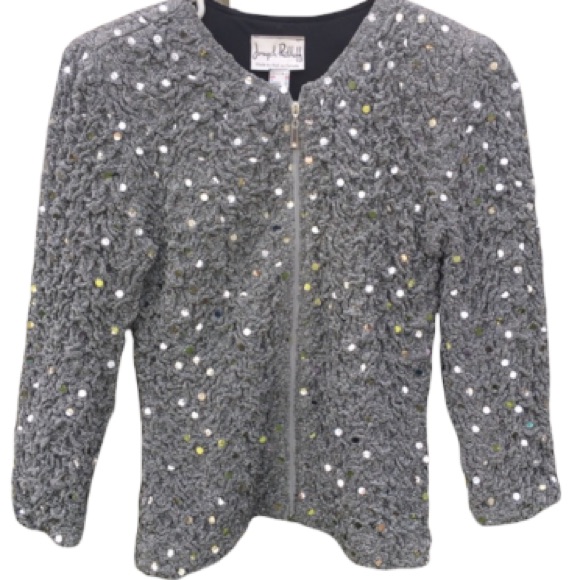 Euc! Joseph Ribkoff Sequined Sparkling Metallic Silver Zip Up Jacket